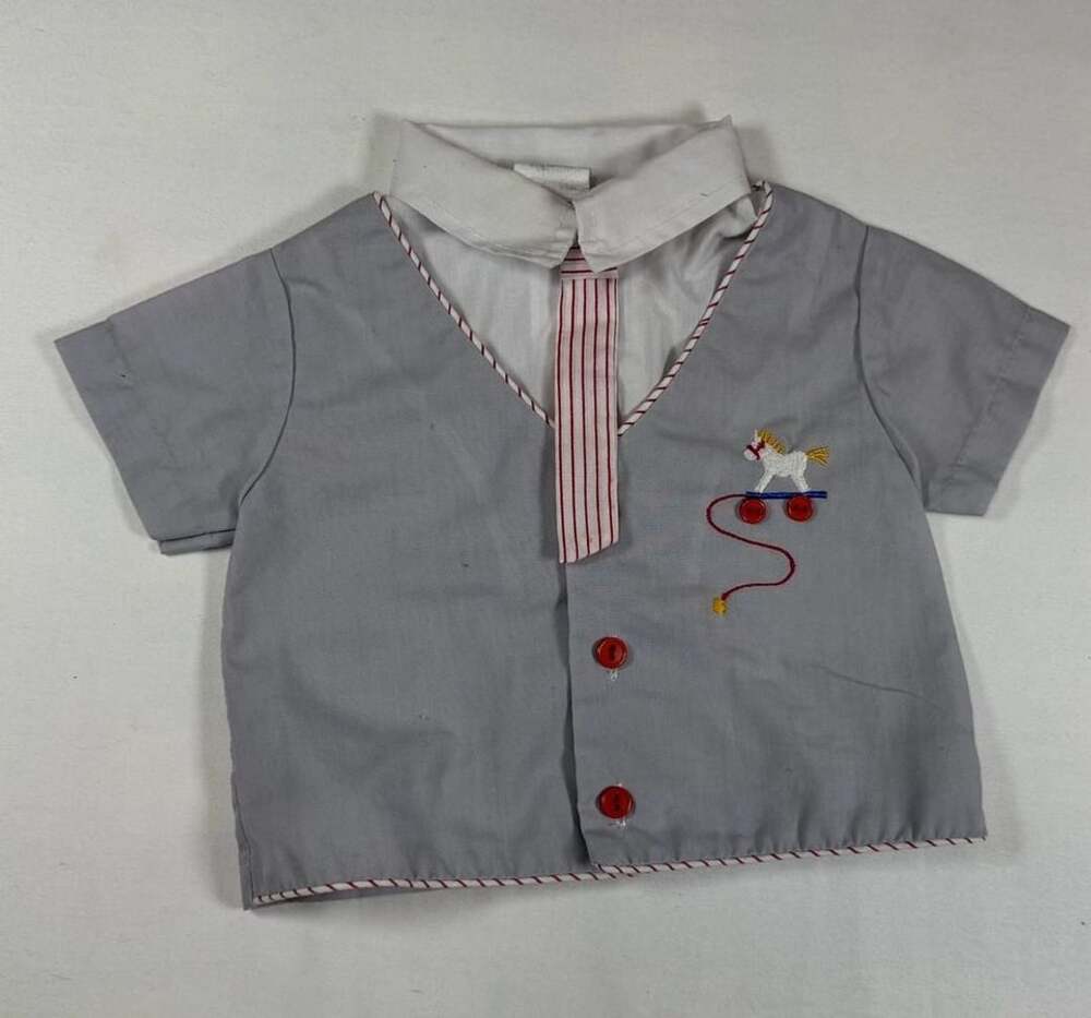 Vintage Baby Boy Short Sleeve Shirt Grey Horse Applique